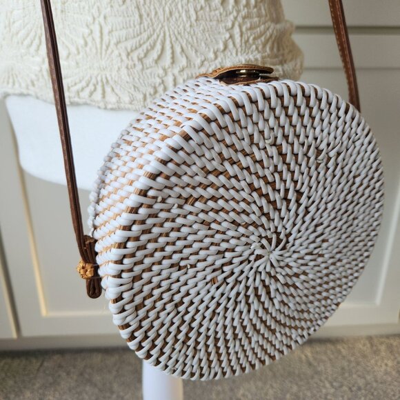 ASOS Handbags - ASOS Round White Brown Woven Canteen Crossbody Bag Boho Beach Tropical Festival